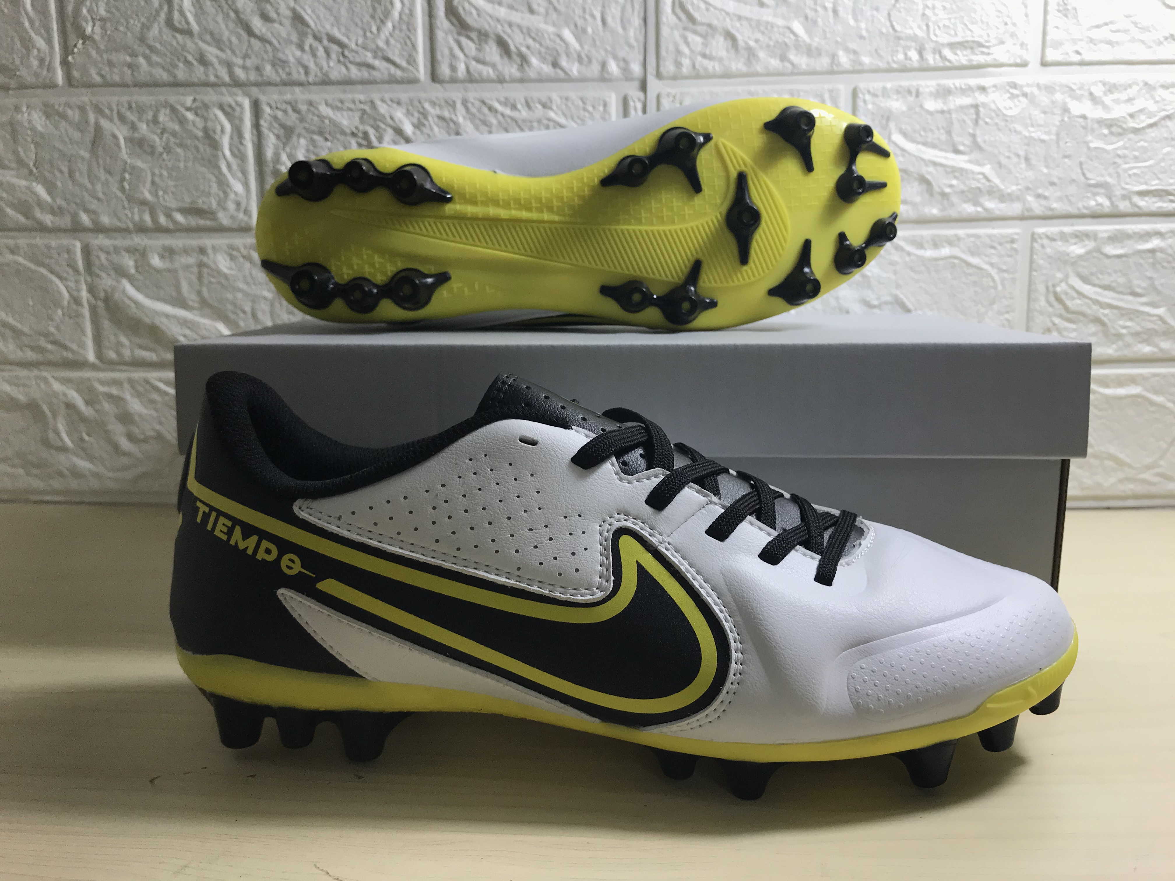 Nike Tiempo Legend 9 Academy AG - White Dark Smoke Grey Black Yellow Football Boots - Premium Quality for Optimal Performance Nike Tiempo Legend 9 Academy AG - White Dark Smoke Grey Black Yellow Football Boots - Premium Quality for Optimal Performance